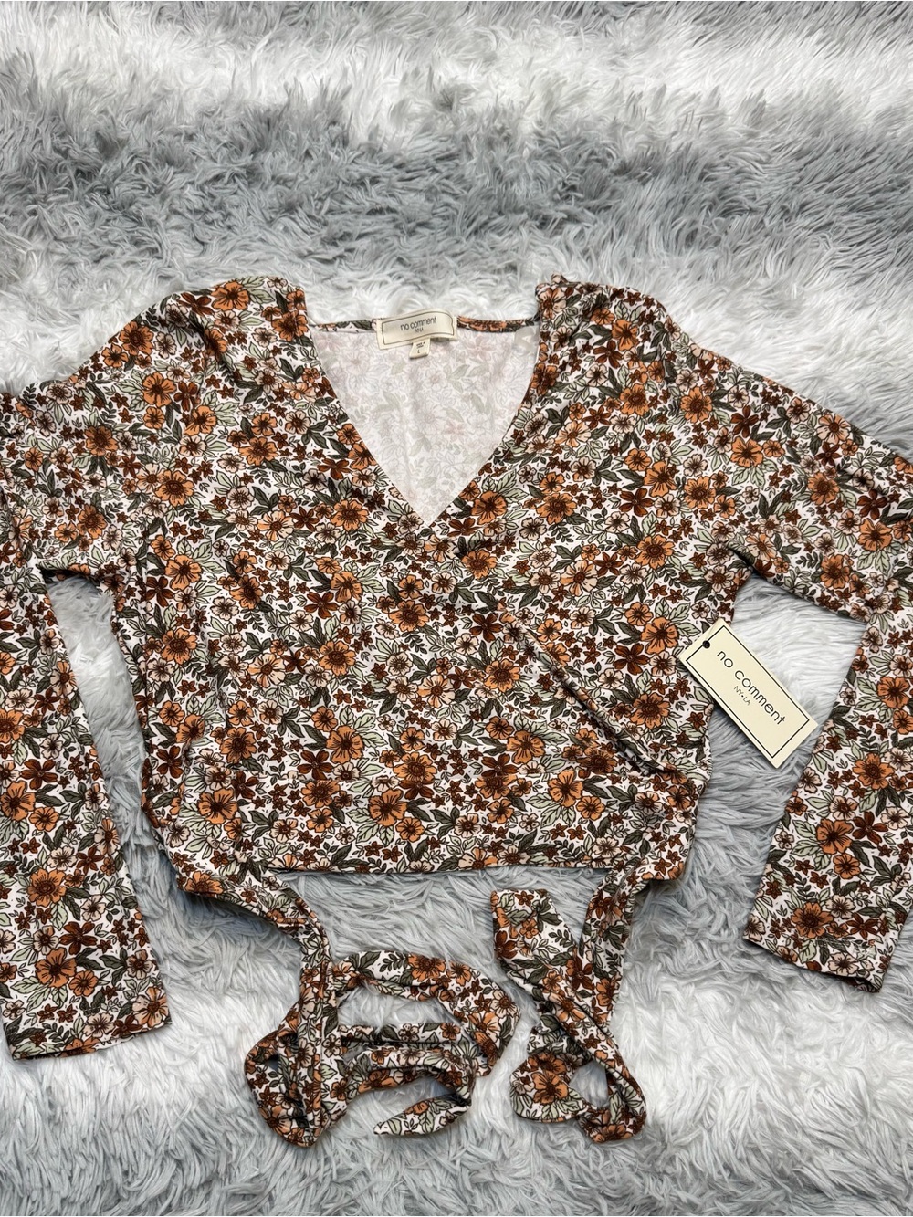 No Comment Floral Wrap Crop Top in Brown Floral